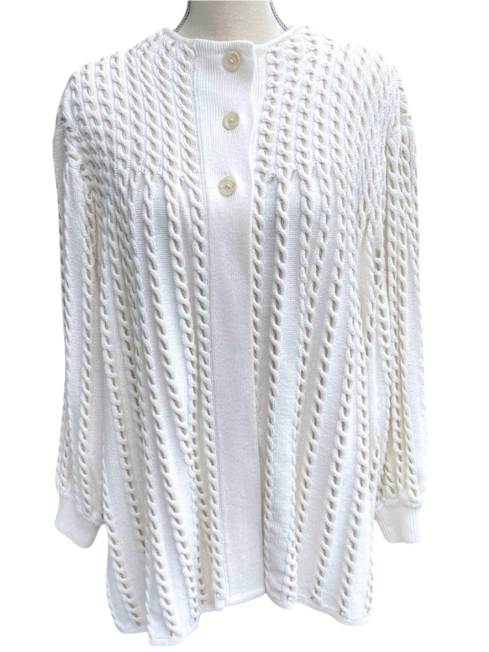 Vintage Les Details White/Metallic Gold Oversized Cable Knit Swing Cardigan (M)